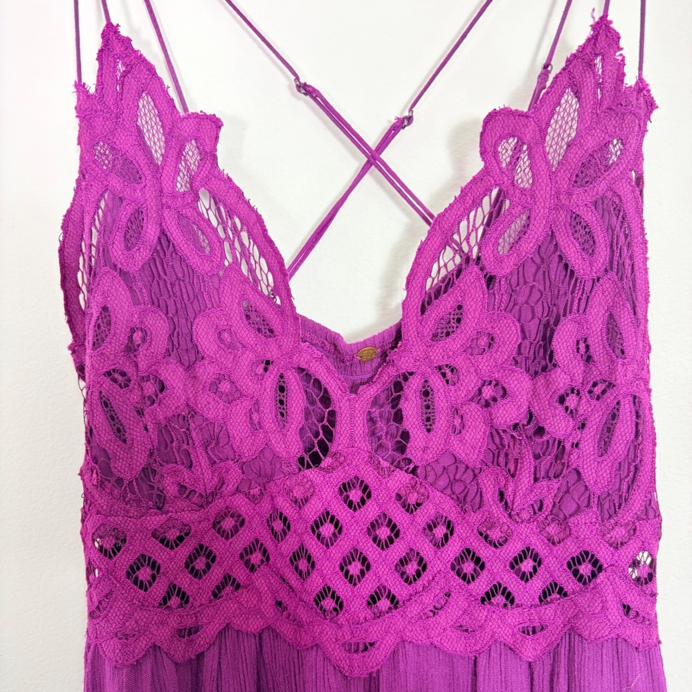 Free People Adella Tiered Slip Boho Dress Purple Crochet Lace Ruffle Mini Medium - Picture 4 of 7